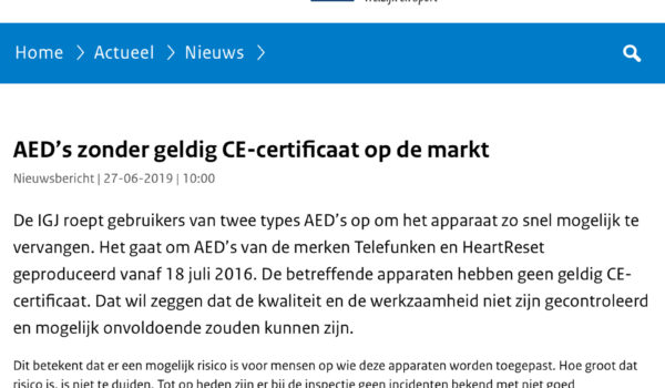 Belangrijk! Waarschuwing voor niet-gekeurde AED’s op Nederlandse markt